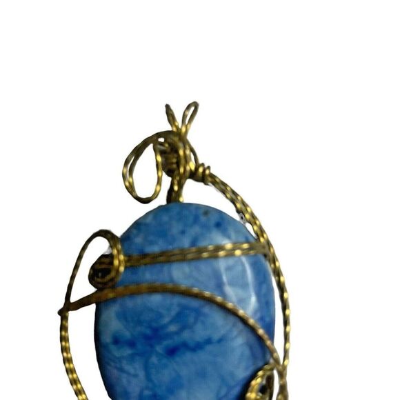 Vintage Blue Gemstone Cabochon Pendant Wire Wrapped 2" x 2" - Picture 4 of 7